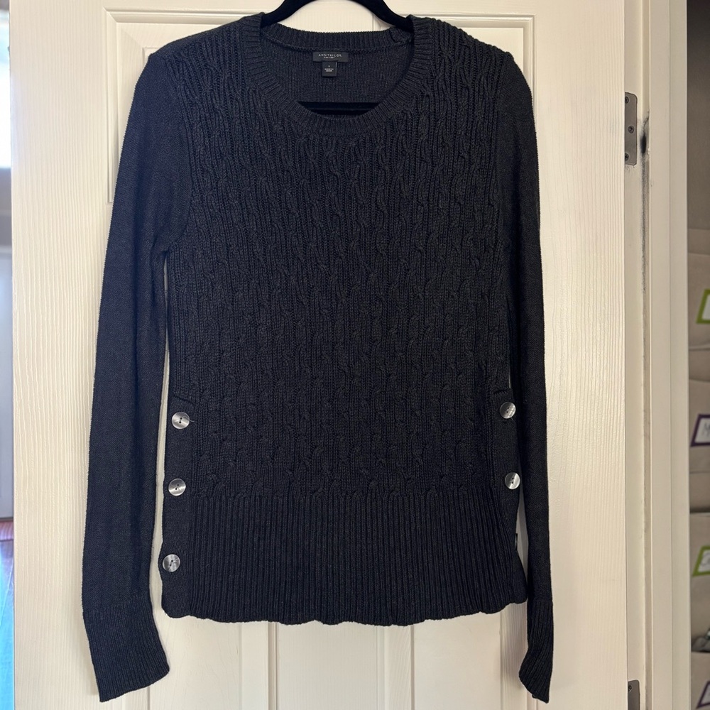 Ann Taylor Charcoal Cable Knit Sweater with Button Detail